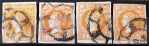 Sellos: Edifil 52, 4 sellos, usados, carreta nº 2 (Barcelona) Isabel II.